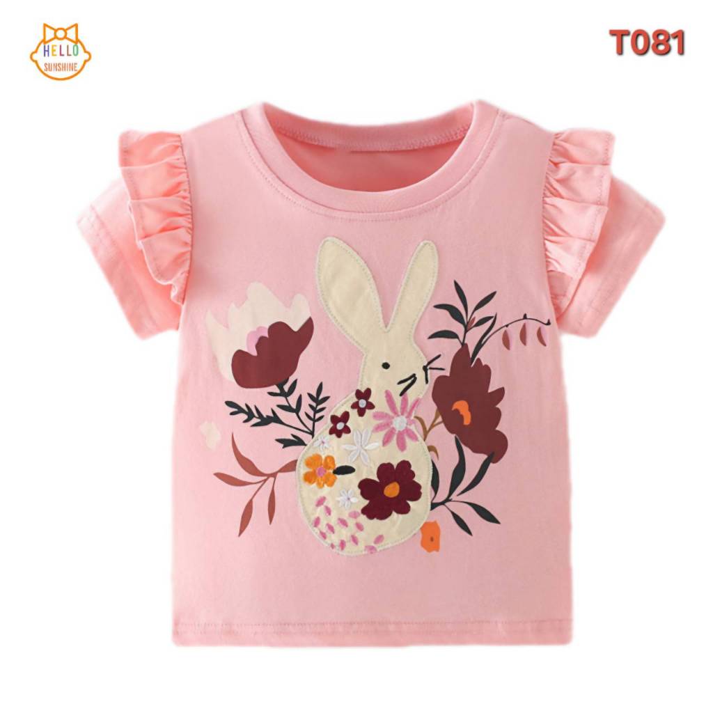 🐰พร้อมส่งจากไทย🌸 เสื้อยืดเด็ก ผ้าคอตตอน100%  เสื้อยืดสีชมพู ติดระบายข้างๆแขน ปักลายกระต่ายกับดอกไม้
