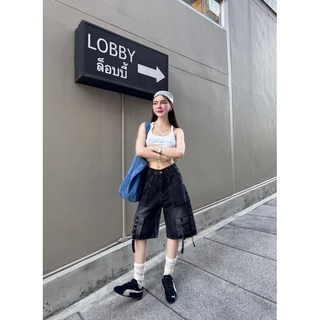 Bosdy Jeans รหัส BJ006 กางเกงยีนส์คาร์โก้ ทรงสั้นผ้าไม่ยืด สีฟอกเฟดสีเทาดำกระเป๋าปืน