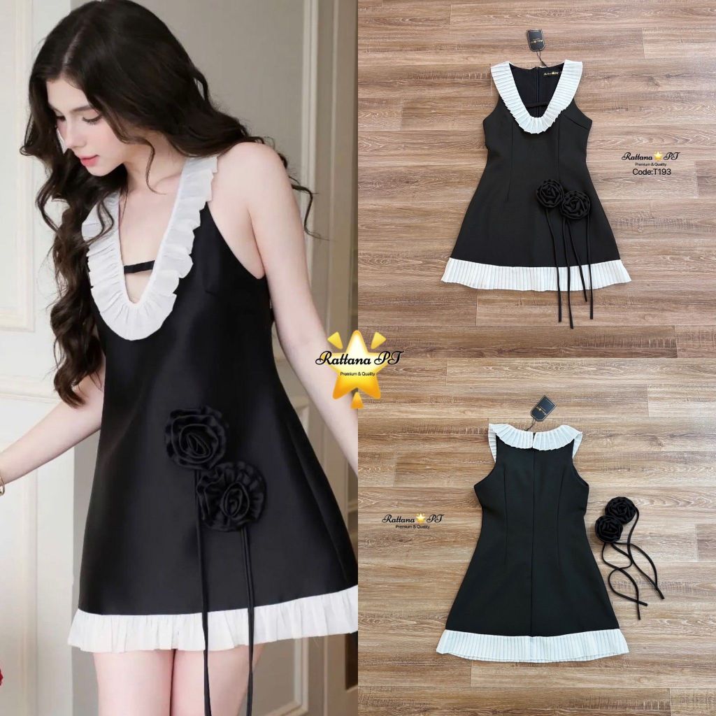 Rattana PT BRAND RTN202 ชุดเดรสสั้นสีดำช่วงคอและชายกระโปรงแต่งระบาย