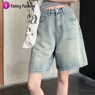 Fancy กางเกงยีนส์ขาสั้นผู้หญิงย้อนยุคสีทึบฤดูร้อนอินเทรนด์กา…