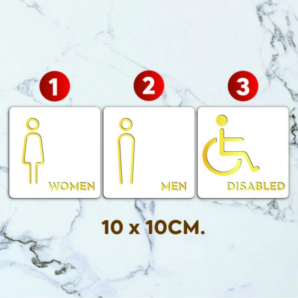 (T3) ป้ายอะคริลิคมิลเลอร์ สีทองขาว TOILET ป้ายห้องน้ำหญิง , ชาย , คนพิการ ป้ายห้องสุขา ขนาด 10x10cm