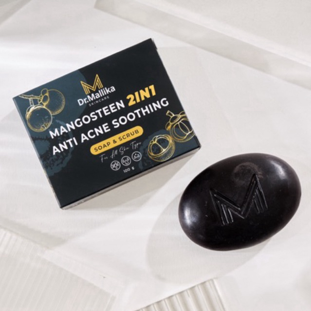 สบู่ดำ 1 แถม 1 DR.MALLIKA MANGOSTEEN 2IN1 ANTI ACNE SOOTHING SOAP & SCRUB