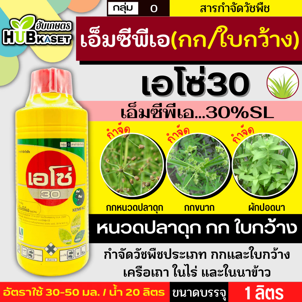 เอโซ่30 (ขวดเหลืองสูตรทนฝน) 1ลิตร (เอ็มซีพีเอ) กำจัดวัชพืช ใบกว้างและกก เก่งกกหนวดปลาดุก