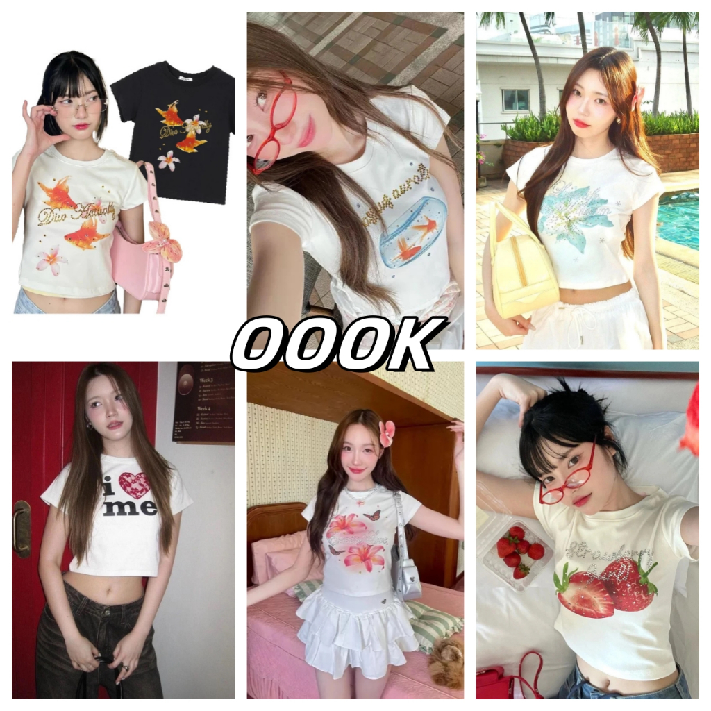 (จัดส่งตลอด 24 ชั่วโมง）OOOK Official Baby Tee - ปลาทองน่ารักพิมพ์เสื้อยืดแขนสั้นผู้หญิง