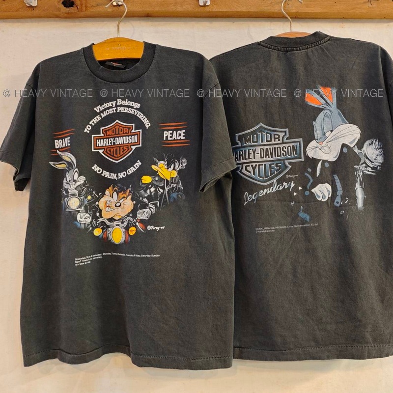 HARLEY - DAVIDSON X ลูนี่ตูนส์ NO PAIN, NO GAIN Bio Washed เสื้อวินเทจ เสื้อทัวร์ ฮาเลย์ heavy vintage shirt