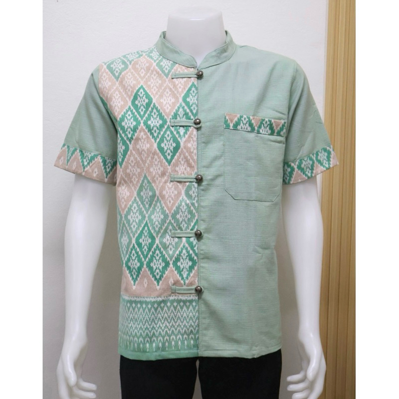 เสื้อลายไทยมัดหมี่ดอกพิกุล สีเขียวมินต์ อก42-56“ งานผ้าชินมัย ใส่ได้ทุกเทศกาล ราคา ถูกที่สุด ดีลบีเคเค แกลเลอรีภาพที่ 3