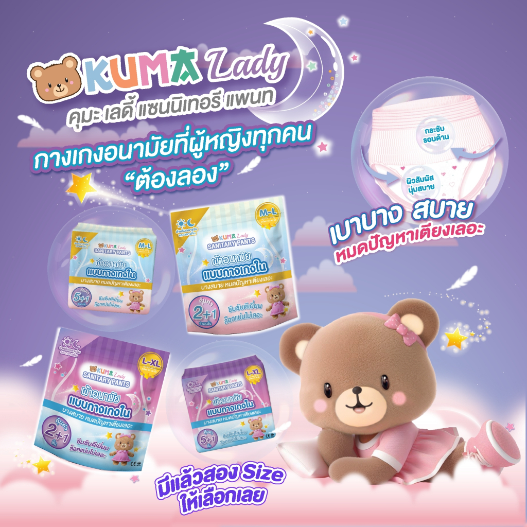 KUMA Lady ผ้าอนามัยแบบกางเกง รุ่น 5+1 จำนวน 1 ลัง ( ไซต์ L-XL 1 ลัง มี 12 ห่อ) ราคา ถูกที่สุด ดีลบีเคเค แกลเลอรีภาพที่ 3