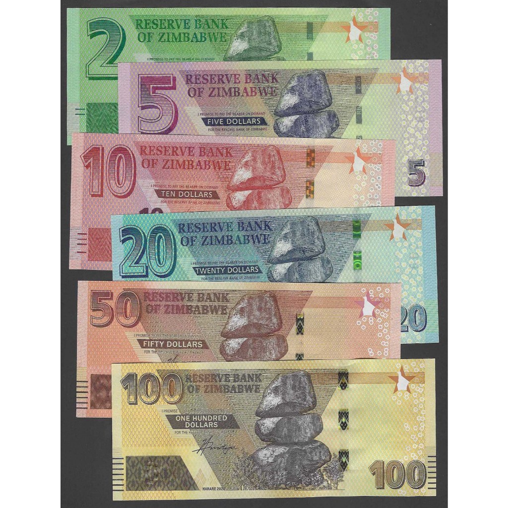 ธนบัตรชุด 6 ใบ ซิมบับเว Zimbabwe 2-100 ดอลลาร์ P-SET รุ่นปี 2020 ใหม่เอี่ยมไม่ผ่านการใช้ สำหรับสะสม