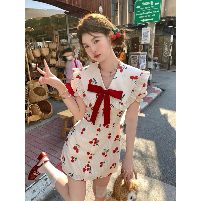 Ppickme•🍒Cherry dress 🍒 เดรสสั้นน่ารักพิมพ์ลายทั้งตัว มีซับใน