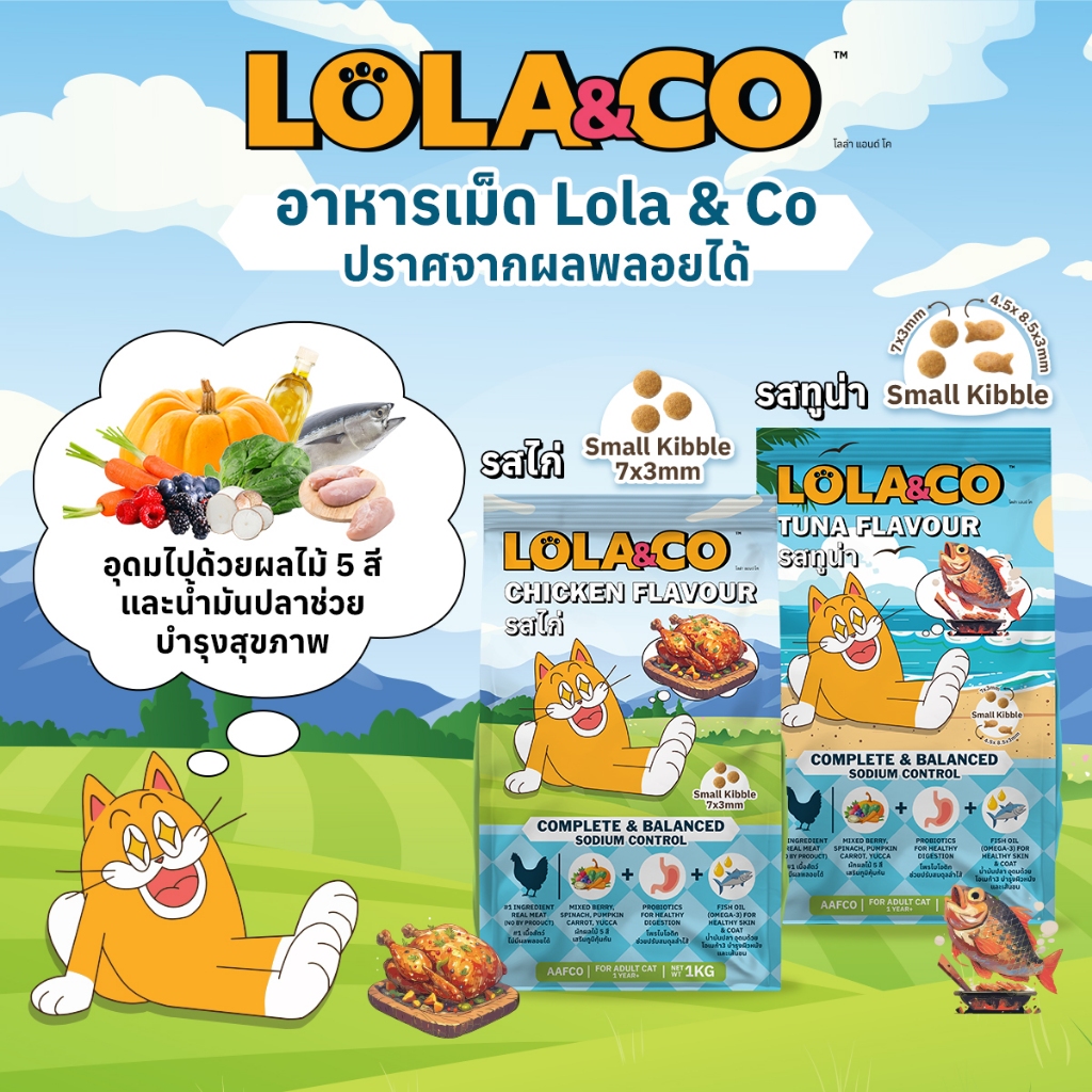 Lola & Co (1kg.) อาหารแมวแบบเม็ด มี 2 สูตรให้เลือก เนื้อไก่ และ ปลาทูน่า ขนาด 1 