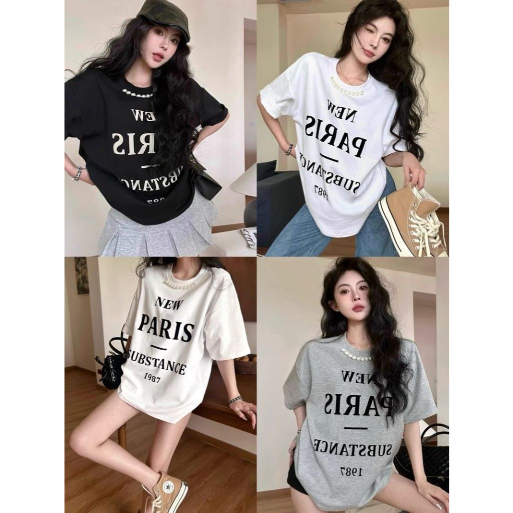 เสื้อยืด เสื้อยืดผู้หญิง สกรีนลายอักษร เเต่งมุก ผ้าใส้สบาย#2292