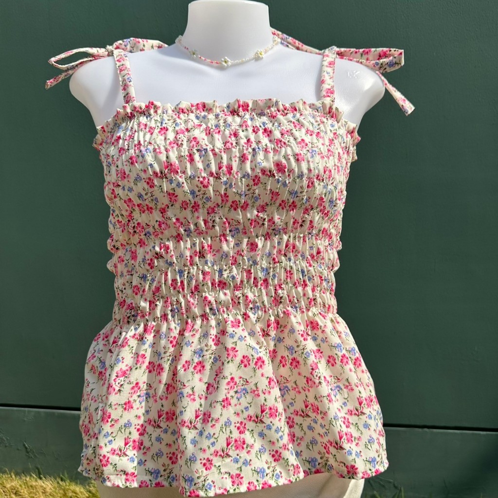 เสื้อสายเดี่ยว เสื้อสม๊อคลายดอกไม้ มีชายระบาย สายปรับได้ สาวอวบ บิ๊กไซร์ - รูปที่ 4