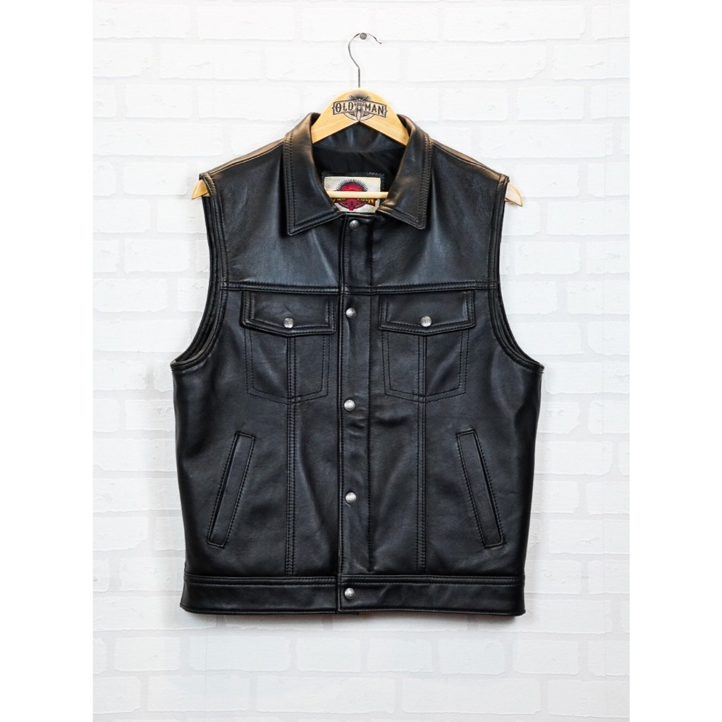 เสื้อกั๊กหนังรุ่น Oldman Vest 404 สีดำ แบรนด์ Oldman แท้100%  หนังแกะแท้ เสื้อกั๊กขับมอเตอร์ไซค์