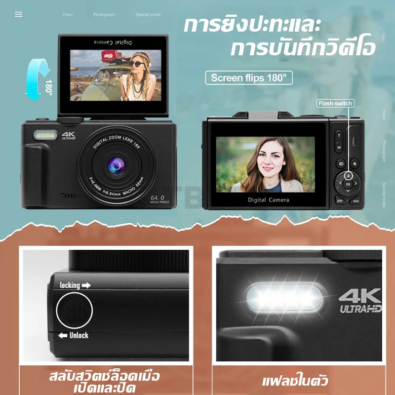 KP-2 กล้องดิจิตอล HD 64MP 5K/4K 18Xถ่ายรูปวีดีโอWiFi Digital Camera พลิกหน้าจอได้180°สำหรับเซลฟี่【การ์ดหน่วยความจำ 64GB】