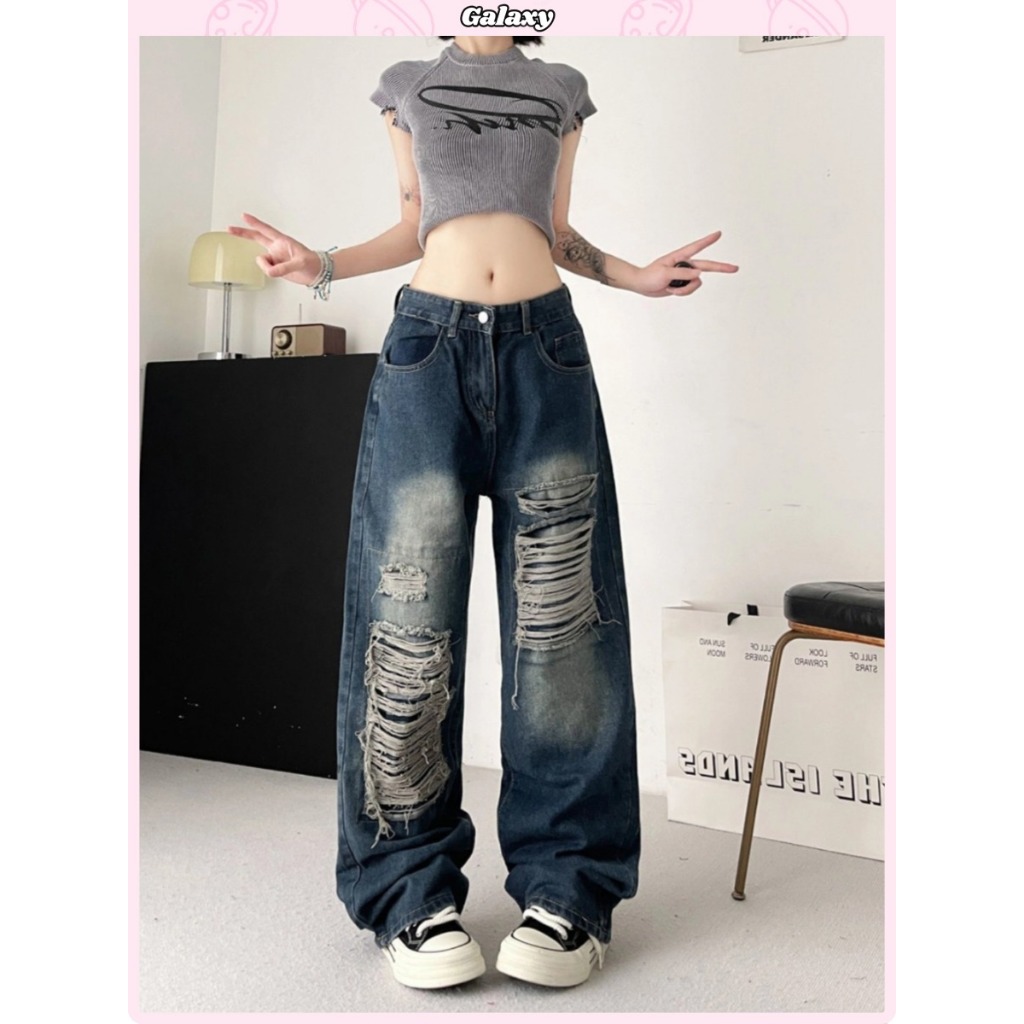 กางเกงยีนส์ผู้หญิง กางเกงยีนส์ผู้หญิงขาด เอวสูง สีวินเทจ สไตล์Y2K สุดชิค #010166
