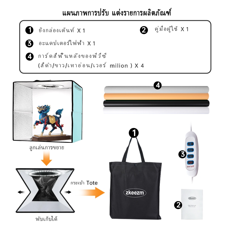 ZKeezm กล่องไฟถ่ายภาพสตูดิโอถ่ายภาพ 40CM กล่องถ่ายรูปสินค้า กล่องสำหรับถ่ายภาพ พร้อมไฟ LED ปรับไฟได้ พร้อมฉากหลัง4สี
