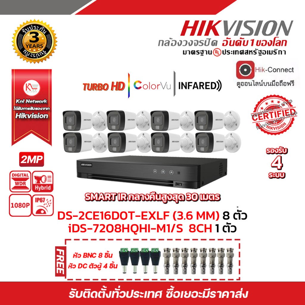 HIKVISION ชุดกล้องวงจรปิด iDS-7208HQHI-M1/S + DS-2CE16D0T-EXLF (3.6mm) (8 PACK) ฟรีหัว BNC 16 ชิ้น ห