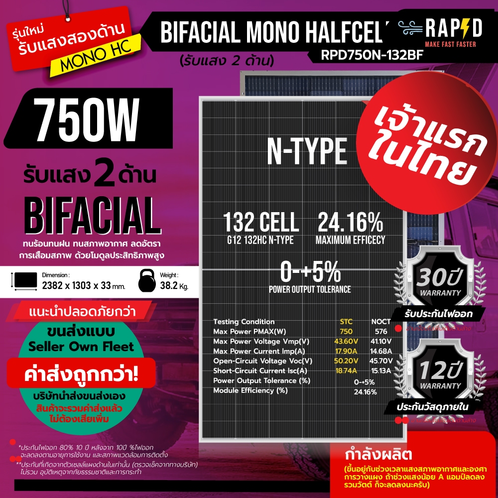 RAPD 750W Bifacial N-TYPE รับแสง2ด้าน แผงโซล่าเซลล์ Mono half cell RAPD อ่านรายละเอียดการส่งทุกครั้ง
