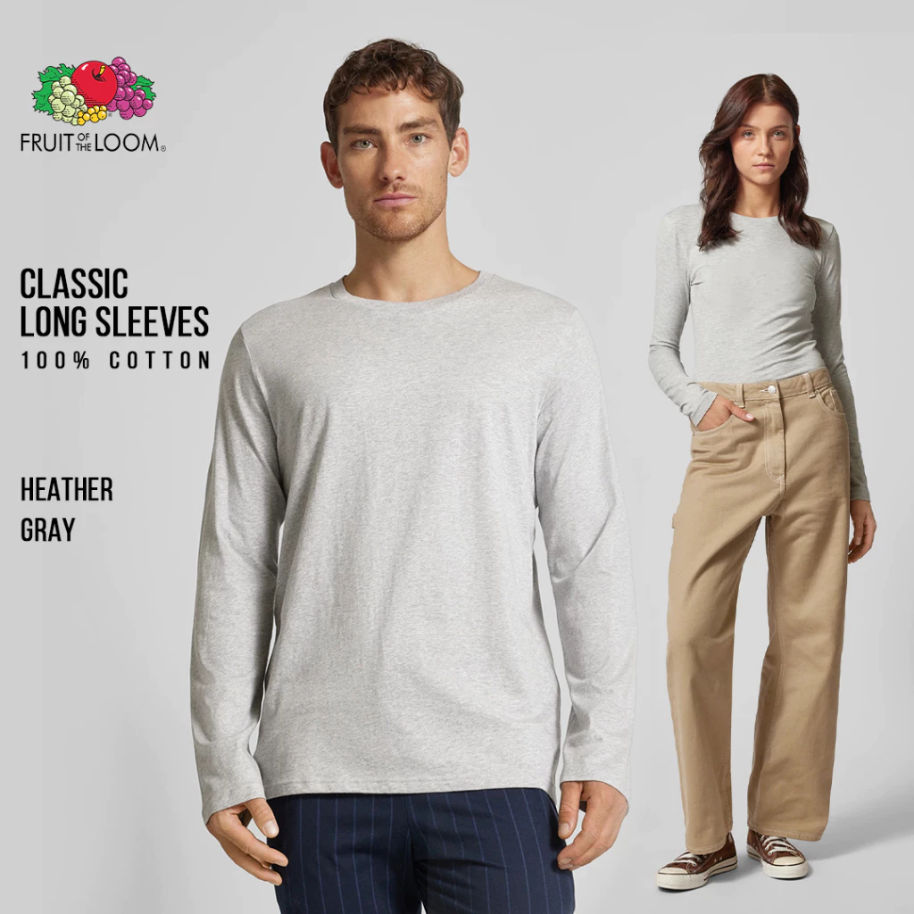 Fruit of the Loom Classic เสื้อแขนยาวสำหรับผู้ชายและผู้หญิง เสื้อสเวตเชิ้ตคอตตอน 100%  สีเทา