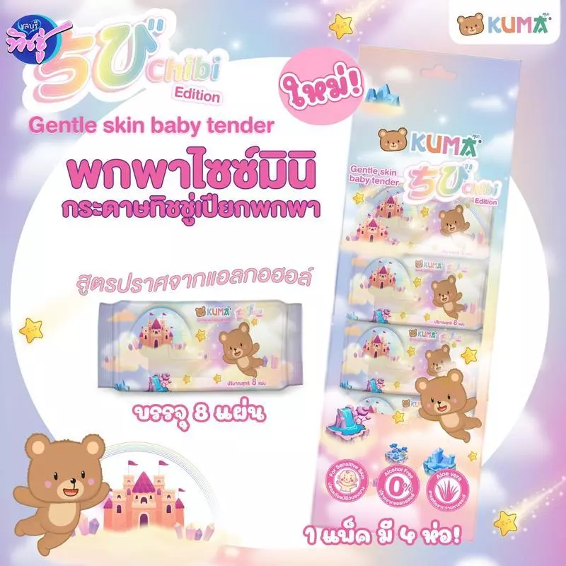 [แพค] Chibi by KUMA คุมะ ชิบิ กระดาษทิชชู่เปียกพกพา แพคละ 4 ห่อ ห่อบรรจุ 8 แผ่น ไซส์มินิพกพา