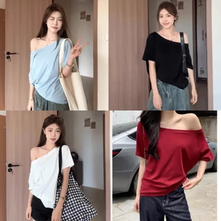 เสื้อยืดผู้หญิง คอปาดปาดไหล่ เสื้อยืดสวยๆผู้หญิงที่กําลังฮิต oversize สไตล์เรโทร เหมาะสำหรับสาวแซ่บ คอกลมแขนสั้น สีทึบ