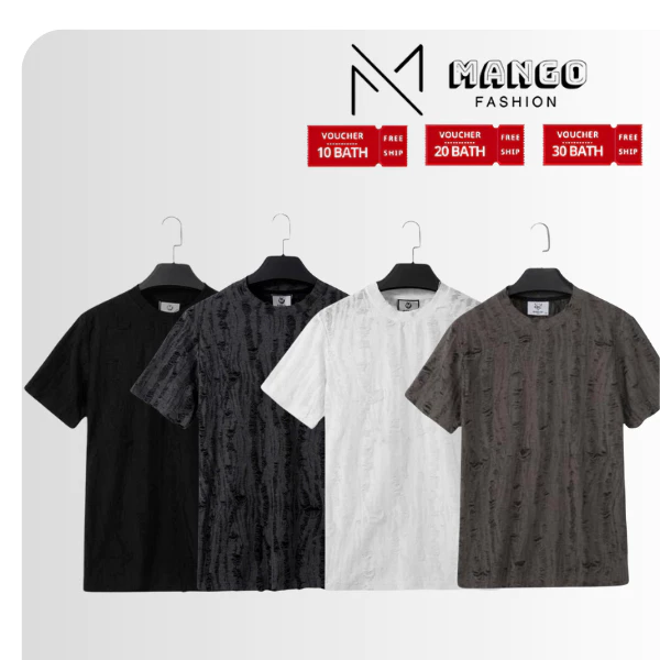 WS33 - เสื้อยืดแขนสั้นผู้ชาย ดีไซน์ขาดๆ ในสไตล์เสื้อผ้าบุรุษ M-2XL