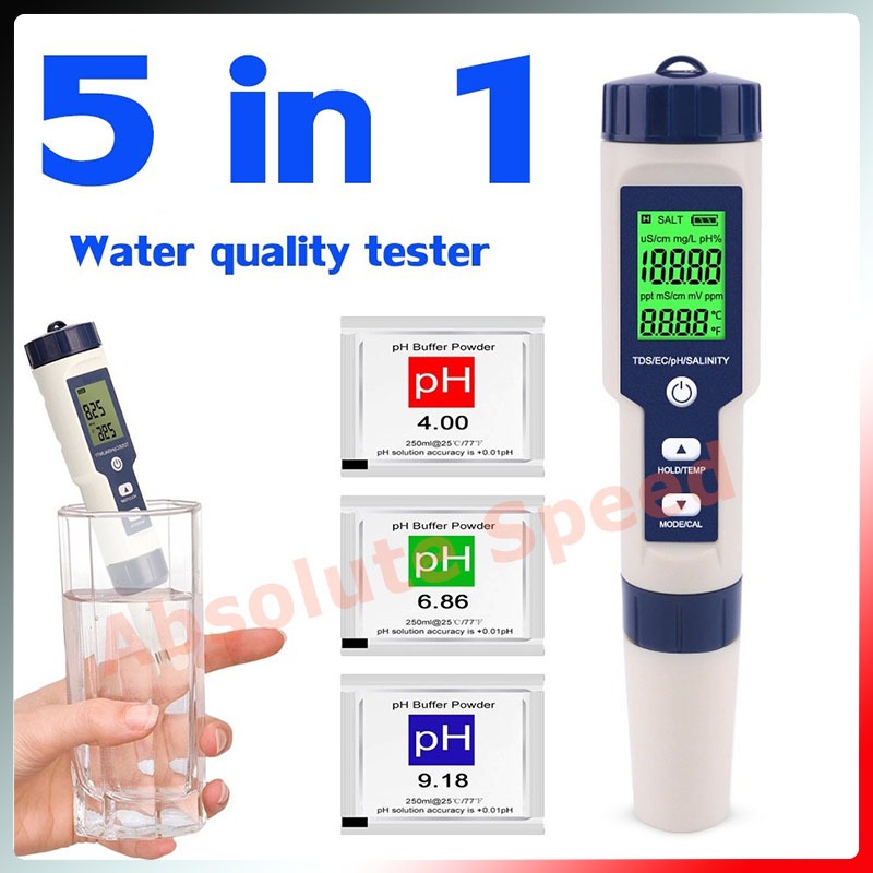 🔥รับประกัน5ปี💥ปากกาวัดค่าคุณภาพน้ำ 5 in 1 EC TDS PH SALT TEMP meter วัดความเค็มน้ำประปา การทดสอบที่แม่นยำ