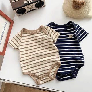 Babyonline(Y485)I5 (ส่งด่วน1วัน)ชุดบอดี้สูทแขนสั้นขาเว้าลายทางปักน้องหมีสุดน่ารัก ผ้าฝ้าย นิ่ม มีกระดุมเป้า