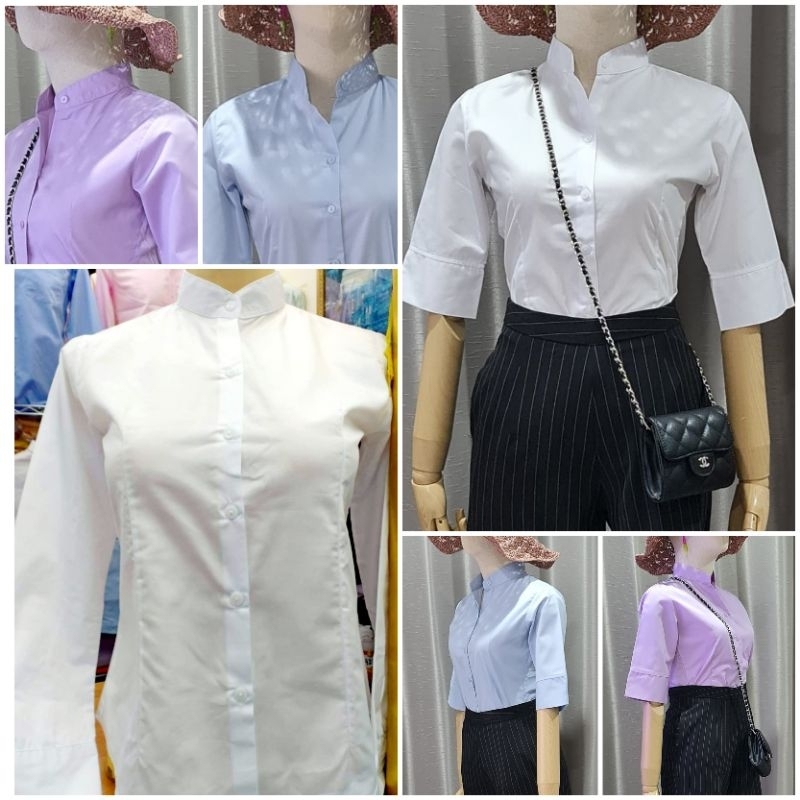 เสื้อเชิ้ตผู้หญิงคอจีนแขนยาว แขน3ส่วนและผ้าพิมพ์ลาย