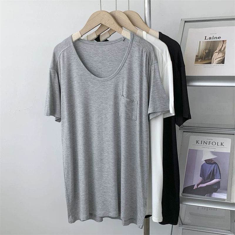 เสื้อยืดคอกลม(แขนสั้นมีกระเป๋าข้าง)ผ้าเรย่อนโอเวอร์ไซส์อก 50 ยืดถึง60 ผ้านิ่มเย็นใส่สบาย