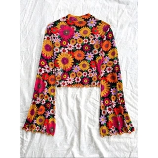 🌸🦋พร้อมส่ง🦋🌸 เสื้อลายดอกแขนกระดิ่ง ผ้าตาข่าย เสื้อสงกรานต์ เสื้อครอปสั้นแขนกระดิ่งยาว