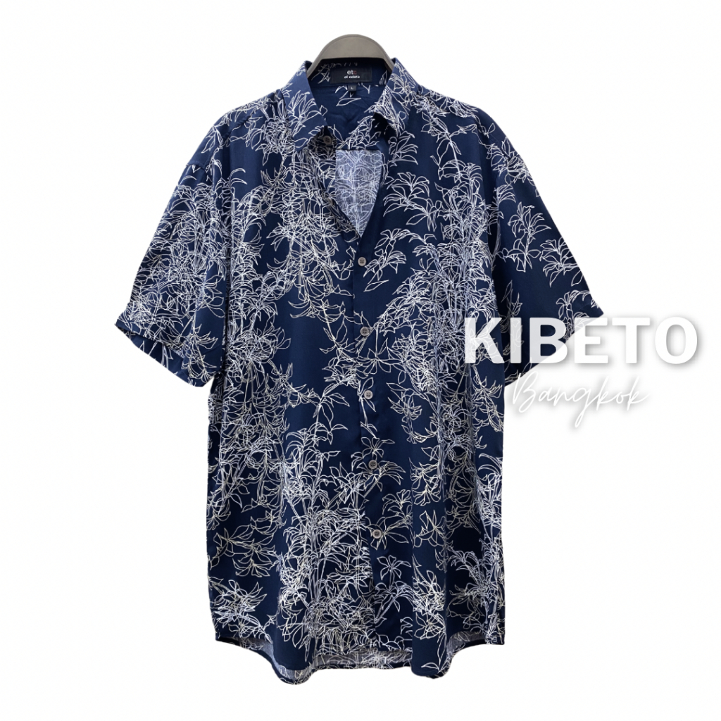 Kibeto เสื้อฮาวาย ลายดอกไม้ต้นไผ่ สีกรม ผ้าสปันเรยอน เนื้อนิ่ม ใส่สบาย M L XL 2XL 3XL
