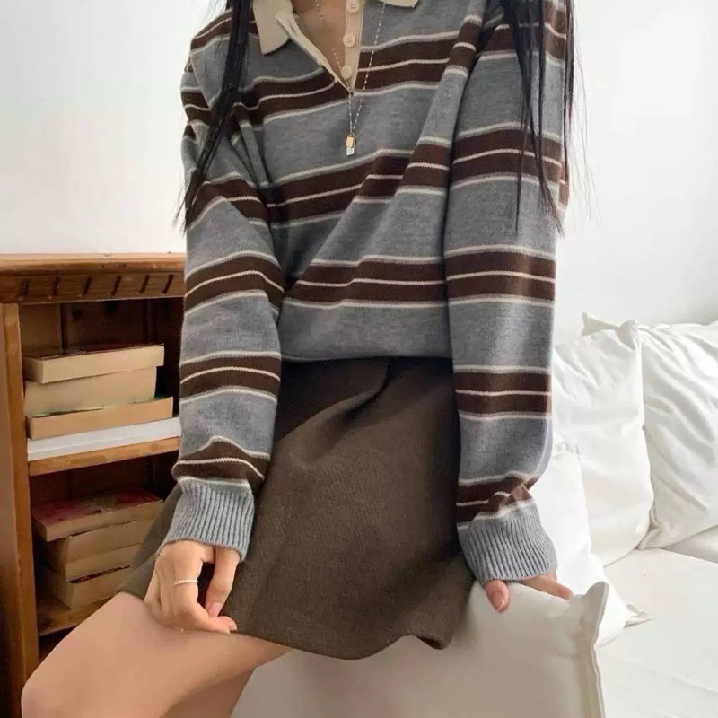 ส่งต่อมือ 1 เสื้อไหมพรมลายทางสีน้ำตาลเข้มจากร้าน Peony Rabbit store