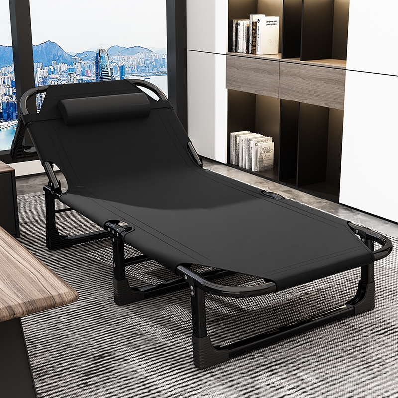 HOME เตียงพับสีดำ เก้าอี้นอน เตียงเดี่ยวสำหรับพักเที่ยง ผ้าระบายอากาศ พื้นเตียงกว้างขึ้น ท่อเหล็กหนา รับน้ำหนักได้มาก