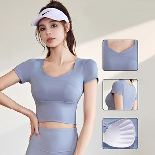 mvp sport เสื้อโยคะ เสื้อแขนสั้น แผ่นรองหน้าอกแบบติดแน่นในตัว [กทม. พร้อมส่ง]