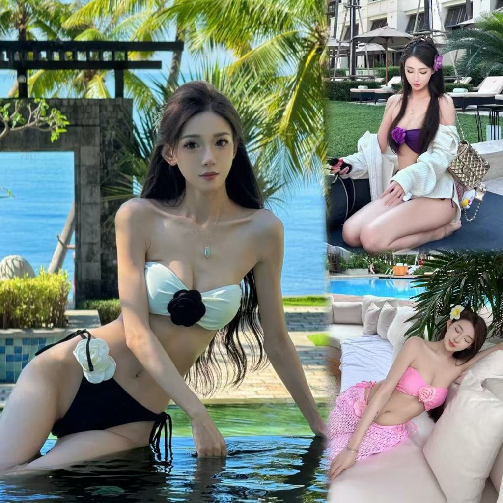 🌸Swift Bra🌸Roses Bikini บิกินี่ 2 ชิ้น Flower Bikini Bowy Bikini ลายดอกกุหลาบ ผ้าคุณภาพดี ชุดว่ายน้ำเกาะอกกางเกงผูกเชือก