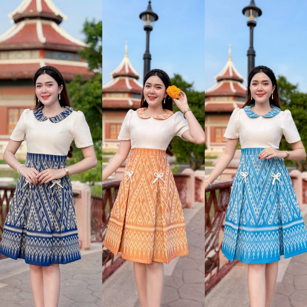 Kety Smile ชุดเดรสผ้าฝ้ายทอลาย คอบัว แต่งโบว์ที่กระโปรง ทรงกระโปรงบานทวิส งานอัดกาวทั้งชุด ซิปซ่อนด้