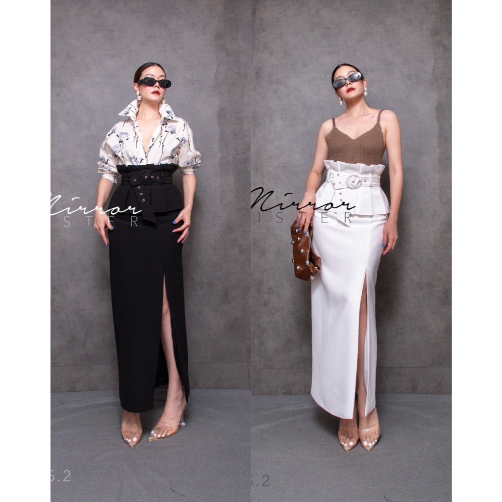 🔖Mirrorsister 50315.2 กระโปรงยาว ช่วงเอวแต่งอัดจีบรอบตัวมาพร้อมเข็มขัดหัวกลมสีเดียวกันกับกระโปรง มีซ