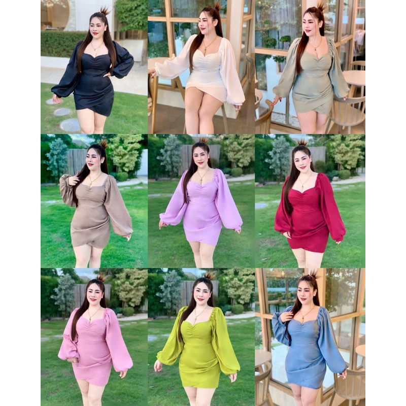 เดรสสาวอวบ ผ้าซาร่าเนื้อดี ดีไซน์เก๋ สม็อคหลัง จับจีบข้าง ใส่ได้ทั้งปาดไหล่และมีแขน อกเสริมฟองน้ำ  (F64)