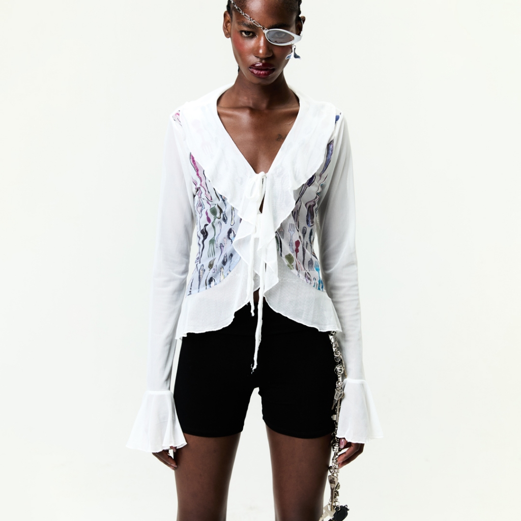 BLACKDOG BKK - SS2520 - Tableware ruffle shirt - เสื้อระบายผ้าตาข่ายยืดซีทรูพิมพ์ลาย
