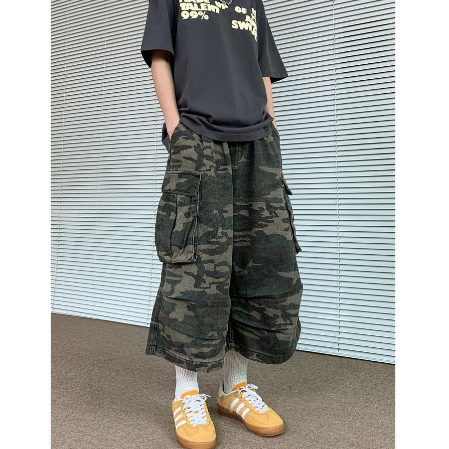 กางเกงคาร์โก้ลายทหาร กางเกงขากว้าง 7ส่วน กระเป๋าข้าง ผ้ายีนส์ สไตล์วินเทจ ใส่เท่ๆ #010163
