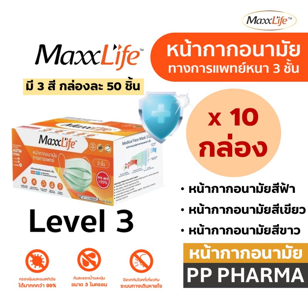 [10 กล่อง] Maxxlife Mask หน้ากากอนามัย ทางการแพทย์ หน้ากาก ปิดจมูก 3 ชั้น