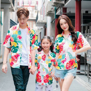 PINKเสื้อฮาวายลายดอก ทรงวัยรุ่น หญิงชายใส่ได้ ผ้าโพลีพรีเมี่…