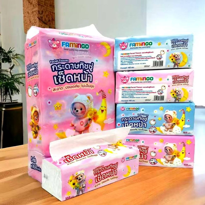 กระดาษทิชชู่ เช็ดหน้า Famingo หนานุ่ม ไม่เป็นขุยแพ็ค5ห่อ