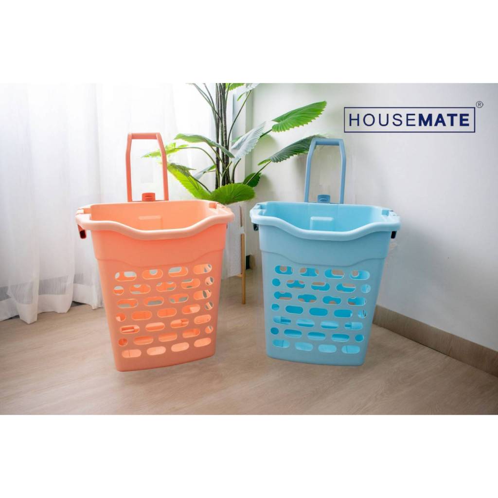 PB-128 ตะกร้าล้อลาก ตะตร้าใส่ผ้า มี2สี สีฟ้า / สีส้มพีช ( พร้อมส่ง )