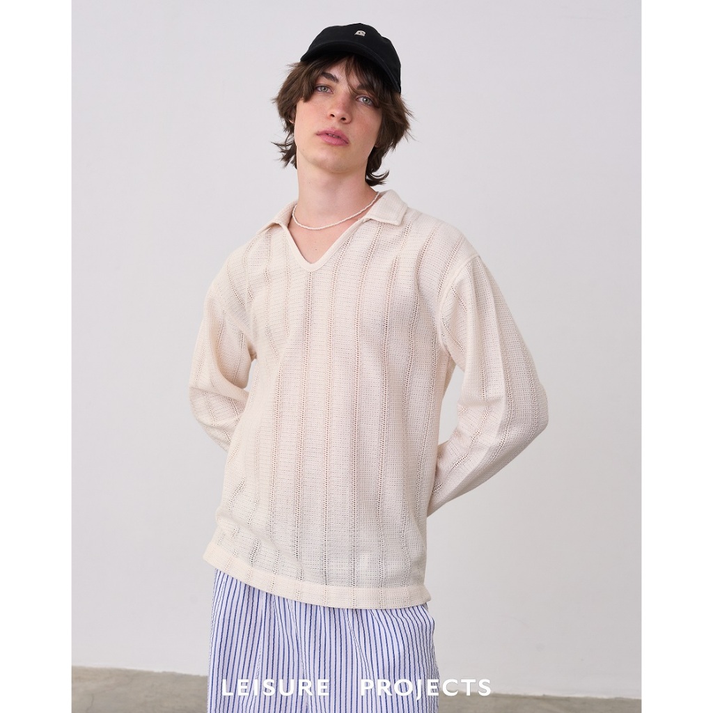 (Leisure Projects) BABY KNIT V-NECK LONG SLEEVE เสื้อโปโลเเขนยาวคอวี ตัดเย็บด้วยผ้าทอลาย Geometric กึ่งซีทรู ราคา ถูกที่สุด ดีลบีเคเค แกลเลอรีภาพที่ 4