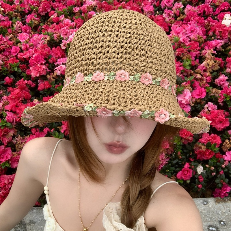 หมวกสาน Coastal แต่งดอกไม้ สุดน่ารัก (B130) หมวกบัคเก็ตกันแดด แฟชั่นสำหรับผู้หญิง - รูปที่ 3