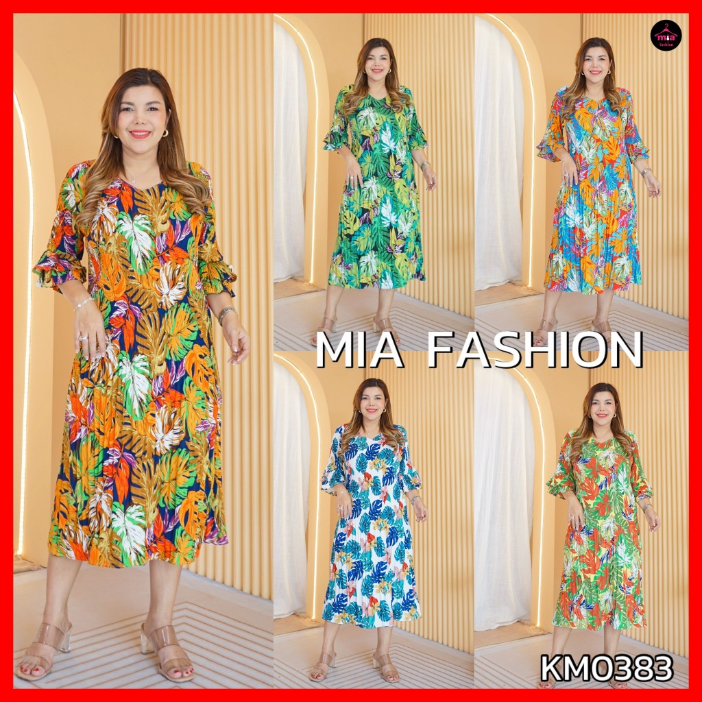 Miafashion (KM0383) เดรสอีดพลีทลายดอกไม้ แขนสองชั้น สวยๆ