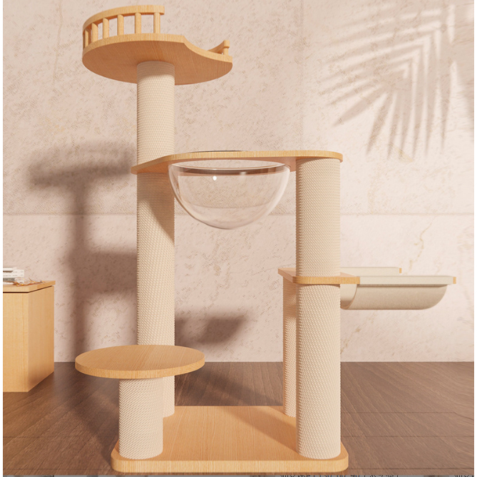 คอนโดแมวไม้สน ของเล่นแมว มีที่นอนอวกาศ 30cm และเปลนอนผ้า MIP150N