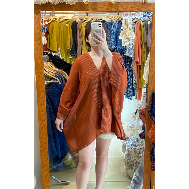 เสื้อกะเหรี่ยง ทรงค้างคาว ต่อผ้าทอกลาง โอเวอร์ไซส์ สาลูชั้นเดียว